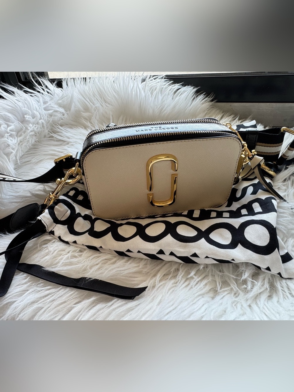 Marc Jacobs Cream and Black Snapshot Camera Bag with Gold Hardware
